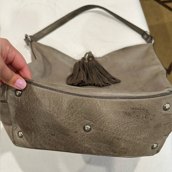 Frye Clara Smoke Grey Leather Fringe Tassel Hobo Shoulder Bag Purse - Picture 10 of 15